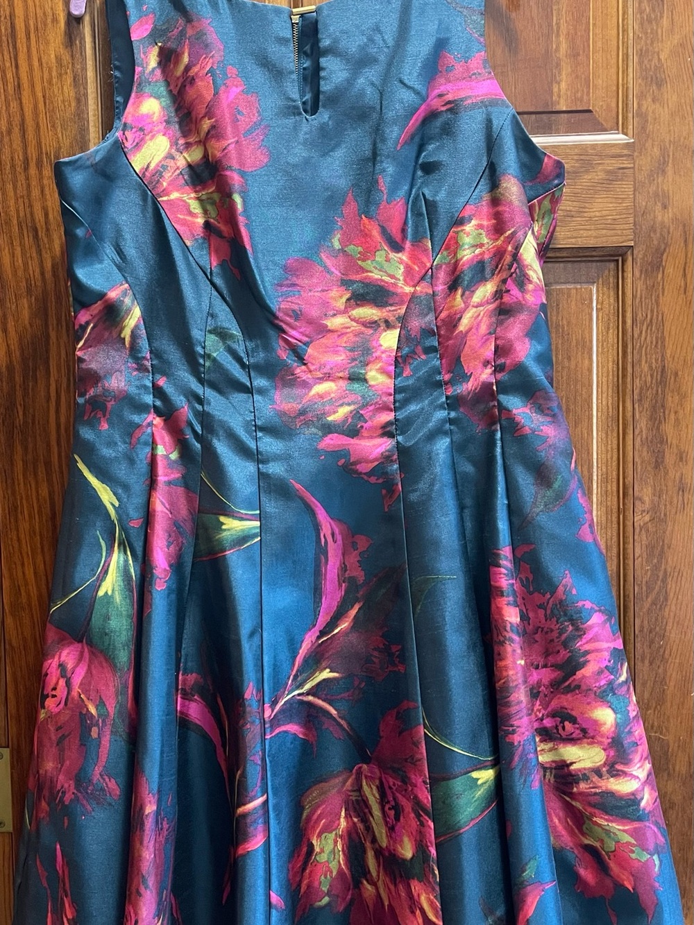 Sleeveless Floral Fit-and-Flare Midi Dress in Teal and Fuchsia